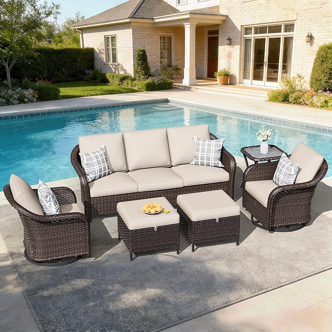 6 PCS Outdoor Conversation Set | 78" Couch, 2 Swivel Chairs, 1 Side Table, 2 Ottomans, Patio Wicker Conversation Furniture with Removable Cushions for Bistro, Deck, Sunroom (Beige)