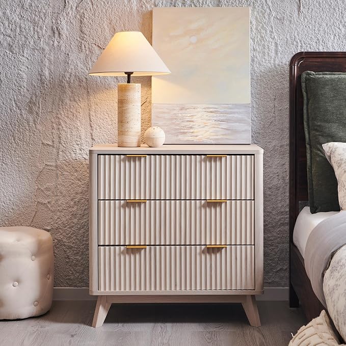 T4TREAM Fluted 3 Drawer Dresser, 32" Tall Modern Chest of Drawers, Curved Profile Design, Wood Drawer Organizer for Bedroom, Living Room, Hallway, Entryway, White Alder - Image 7