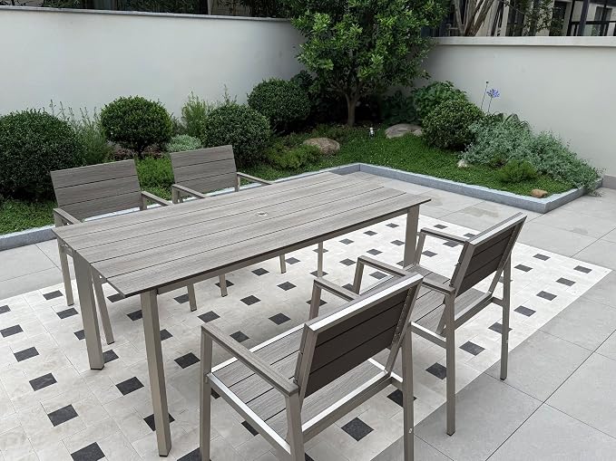 Outdoor Dining Set for 6, Patio Table and Chairs Set with Umbrella Hole, 7 Pieces HDPS + Aluminum Outdoor Furniture Sets for Patio, Garden (Gray & Teak) - Image 8