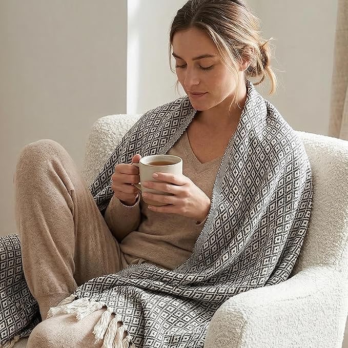 Americanflat 50x60 Throw Blanket - Soft and Breathable Cotton Throw Blanket for Couch, Bed, Chair - Decorative Blankets Perfect for Home, Office, or Outdoor Use - Black and Cream Mini Diamond Design