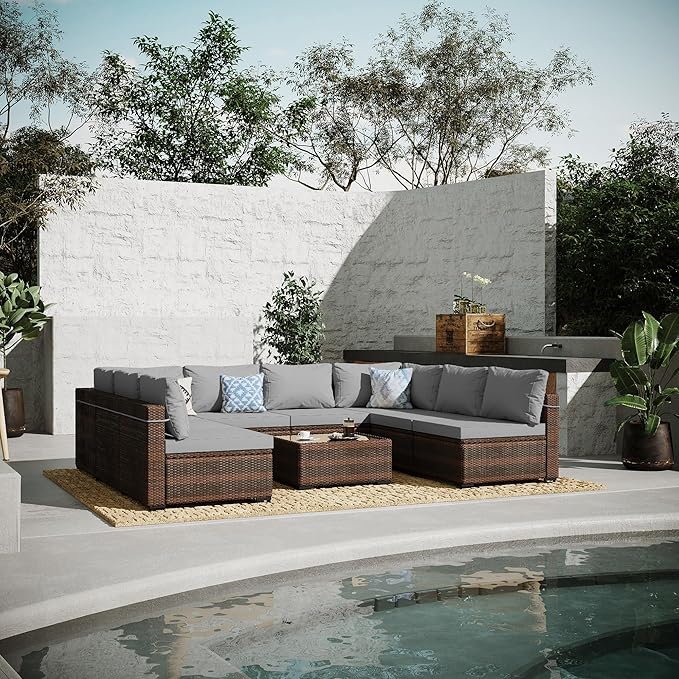 UPHA 9 Pieces Patio Furniture Sets, Wicker Outdoor Sectional Sofa Couch with Coffee Table, Patio Conversation Set for Deck Backyard Garden, Brown Rattan, Light Gray Cushion