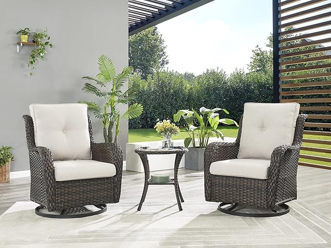 Rilyson Wicker Rocking Chair Swivel Chairs - 3 Piece Rocker Patio Furniture Set Rattan Rocking Bistro Sets with Glass Top Side Table for Outdoor Porch Deck Garden Backyard (Brown/Beige)