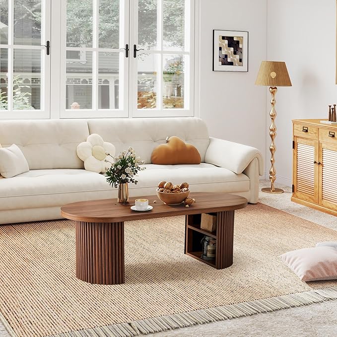 AVZEAR Oval Fluted Coffee Table for Living Room, Mid Century Modern Coffee Table with Storage, Curved Round Wooden Center Table for Home, Office, Cafe, Vintage Walnut(47.24" x 19.69" x 15.74")