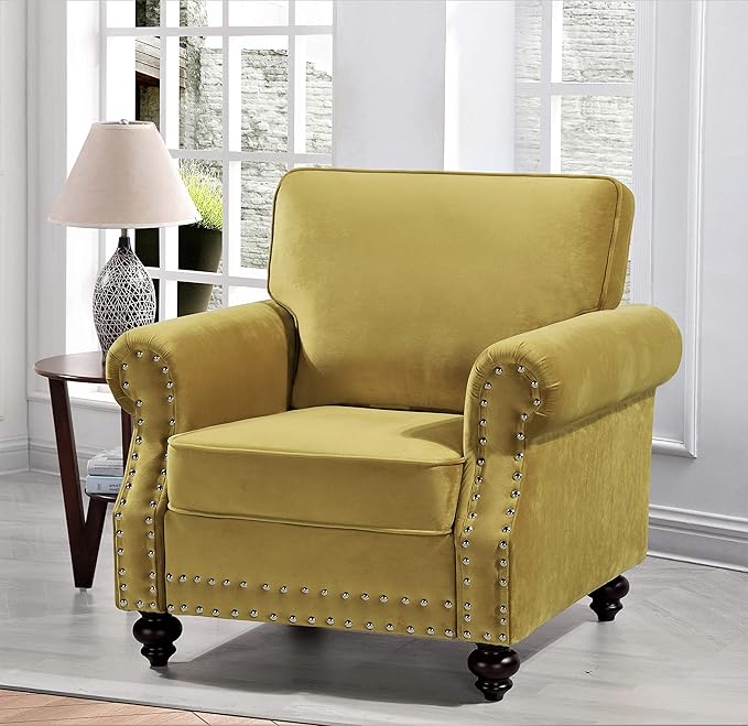 Lotus Mid Century Modern Velvet Upholstered Living Room Rolled Arms, Chair, Loveseat and Sofa, Strong Yellow