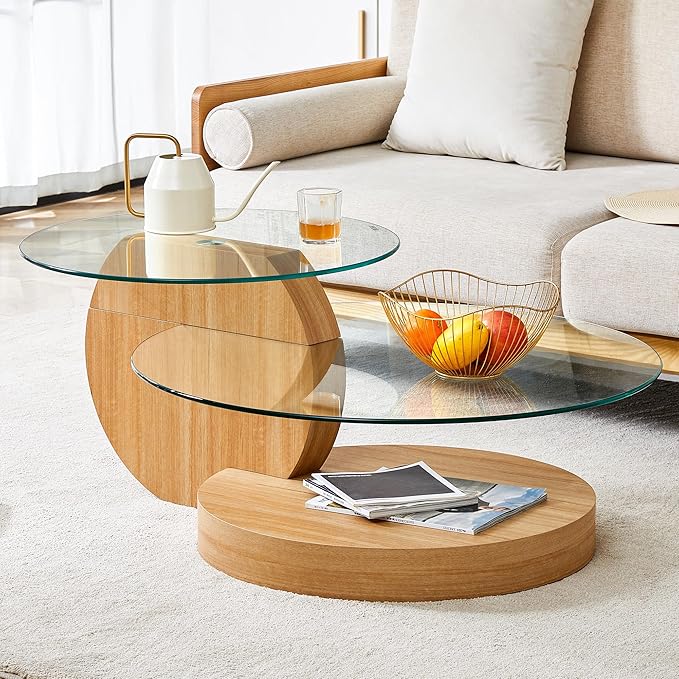 Modern Glass Coffee Table,Small Round Coffee Tables, 42" 3-Tier Circle Wood Coffee Table for Living Room Rustic Circle Center Cocktail Table with Tempered Glass, Unique Accent Table for Small Spaces