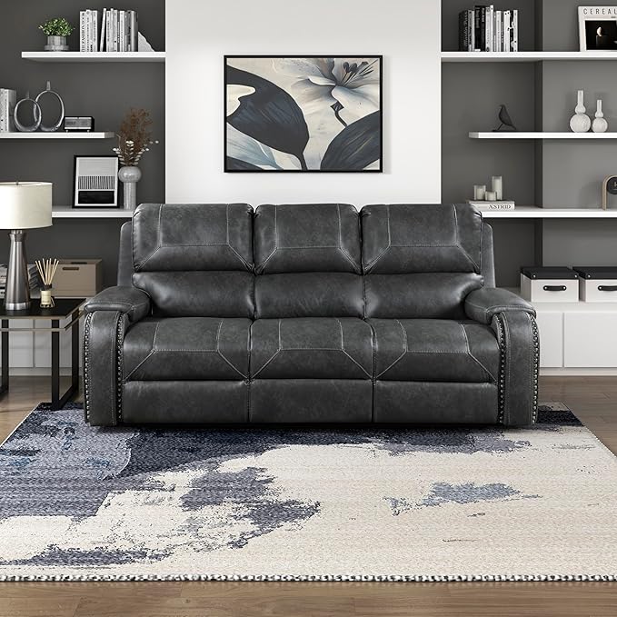 Lexicon Modern Double Recliner Sofa, Faux Leather Reclining Sofa with Nailhead, Center Drop-Down Cup Holders, Receptacles, USB Ports, Manual Recliner Couch Sofa for Living Room/Office/Apartment, Grey