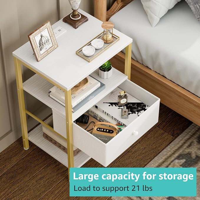 BOLUO White and Gold Nightstand with Charging Station, LED Night Stand with Fabric Drawers and Shelf, Bedside Table with USB Ports and Outlets, Bedroom Nightstand Modern - Image 6