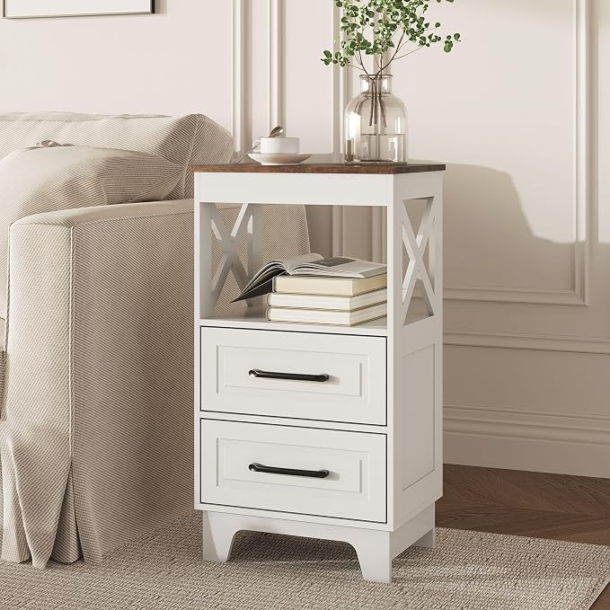 Tall Nightstand Set of 2 Side Table with 2 Drawers Modern Night Stand Wooden Rustic End Table Bedside Table with Below Open Shelf Solid Feet for Bedroom White+Walnut - Image 9