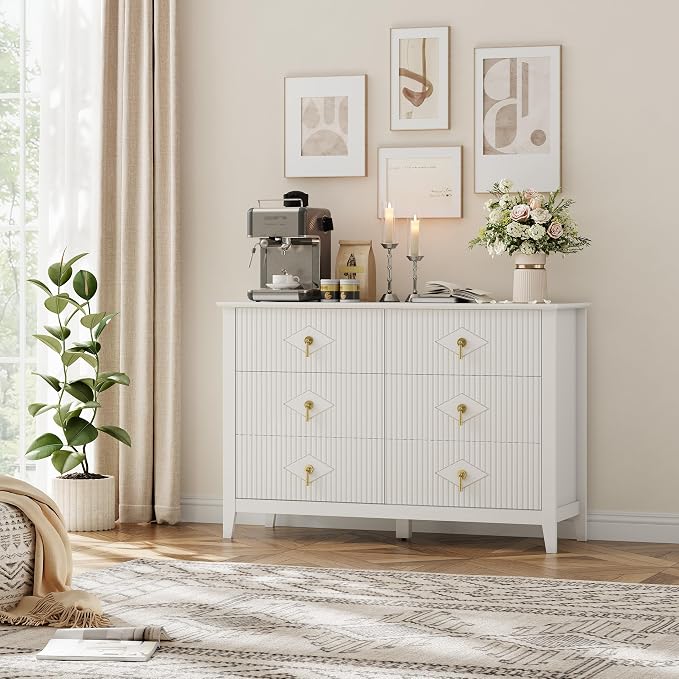 GarveeHome Fluted Dresser for Bedroom, 47.2 Inch Wide 6-Drawer Wood Dresser, Modern Chest of Drawers, Storage Organizer Cabinet for Living Room, Hallway, Entryway, White - Image 8