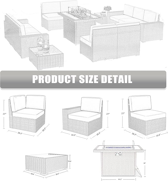 LayinSun 13 Pieces Outdoor Patio Furniture Set with 44" Fire Pit Table Rattan Sectional Sofa Conversation Sets