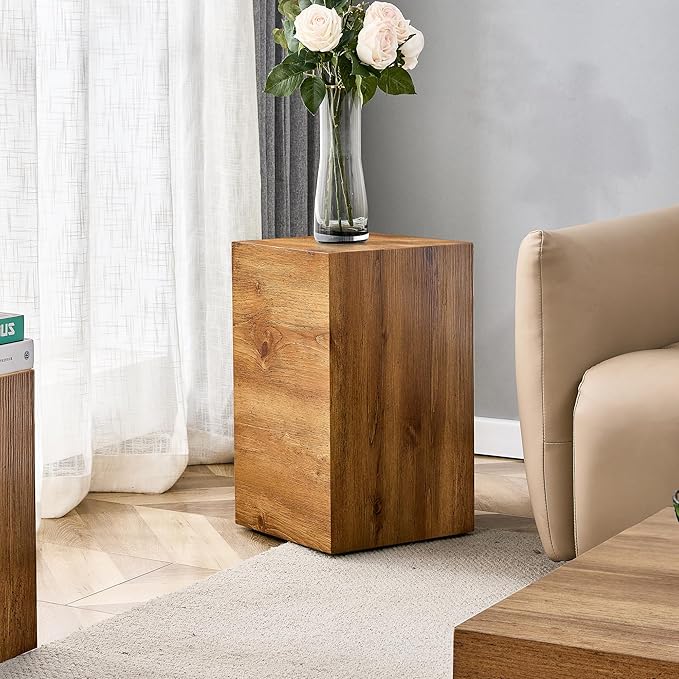 Cube End Table Wood Grain, Modern Side Table for Living Room, Contemporary Nightstand