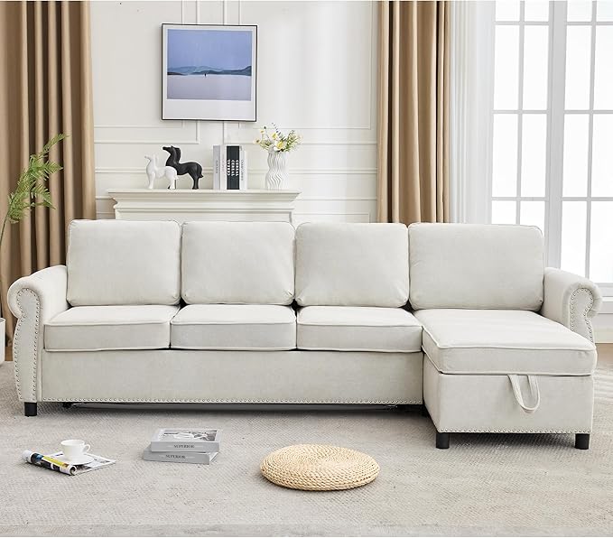 ERYE L-Shaped Reversible Sectional Sofa with Pull Out Queen Memory Mattress Sleeper Bed, 2-in-1 L-Shaped Corner Sectional Couches W/Wireless Charging, Storage Chaise Lounge