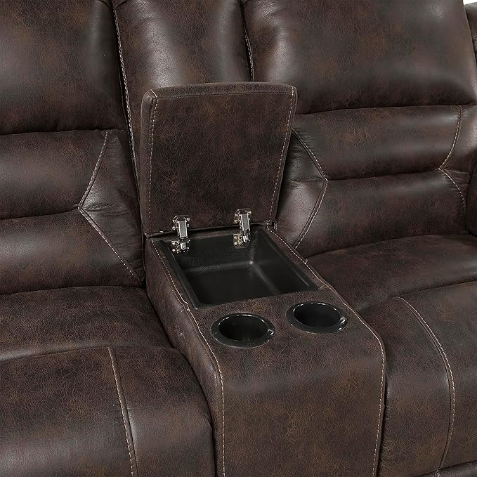 Lexicon Double Recliner Loveseat with Center Console, Wall Hugger Manual Reclining Couch, Textured Microfiber Upholstered Dual Reclining Love Seat, Home Theater Seating, Required Assembly, Dark Brown