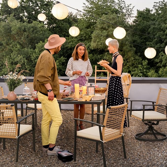 LAUSAINT HOME 7 Pieces Patio Dining Set, Outdoor Furniture Set of 6 Wicker Chairs (2 of Them Swivel) with Soft Cushion and Iron Slats Table Top with Umbrella Hole, Conversation Set for Backyard - Image 9