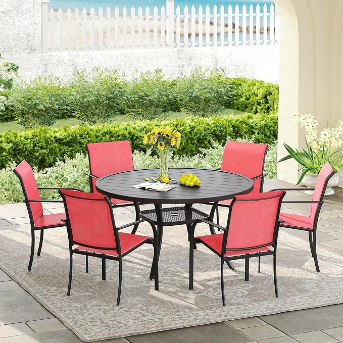 DIFY Outdoor Dining Set for 6, Patio Dining Furniture Set Includes 47.2" Black Round Table with Adjustable Umbrella Hole and 6 Red Stackable Metal Chairs for Poolside, Garden, Backyard - Image 8
