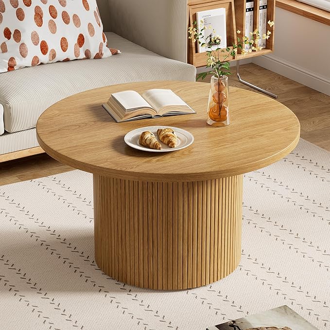 Round Coffee Table, 35.4" Circle Wide Coffee Table, Wood Table and Center Table for Living Room, Natural