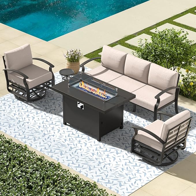 Aluminum Outdoor Patio Furniture Set,5 Pieces 5 Seats Metal Patio Sectional Furniture Set,Patio Conversation Sets with 45" Propane Fire Pit Table,Swivel Rocking Chairs Set,Sand