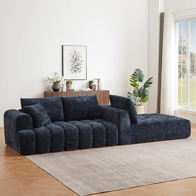 Tufted Chenille Cloud Modular Sectional Sofa,Oversized 2-Piece Right Facing Boneless Couch with Chaise Lounge, L-Shape Floor Lounge Sofa with 2 Throw Pillows for Living Room, No Assembly Required