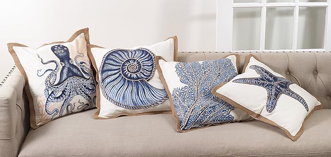 SARO LIFESTYLE Neptunian Coastal Throw Pillow – 20” x 20”, Woven Cotton Cover with Jute Trim, Zipper Closure, Down & Feather Insert – Octopus, Navy Blue