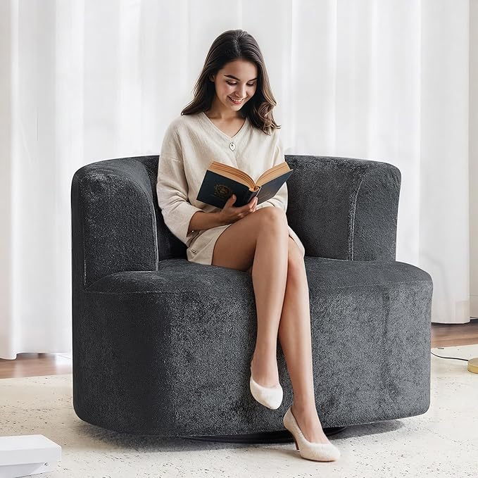 MELLCOM Oversized Swivel Accent Chair, Modern Curved Back Single Sofa Chair, Comfy All-Foam Compression Upholstered Round Armchair with Pillow,Cozy Chenille Barrel Chair for Living Room(Dark Grey)