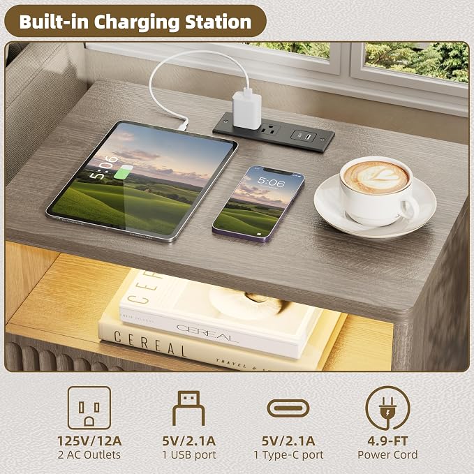PAPROOS 23'' Fluted Nightstand with Charging Station, Modern Bedside Table with Motion Sensor LED Light, 2-Drawer Storage Cabinet for Bedroom & Home Office (1 pc Brown Gray) - Image 7