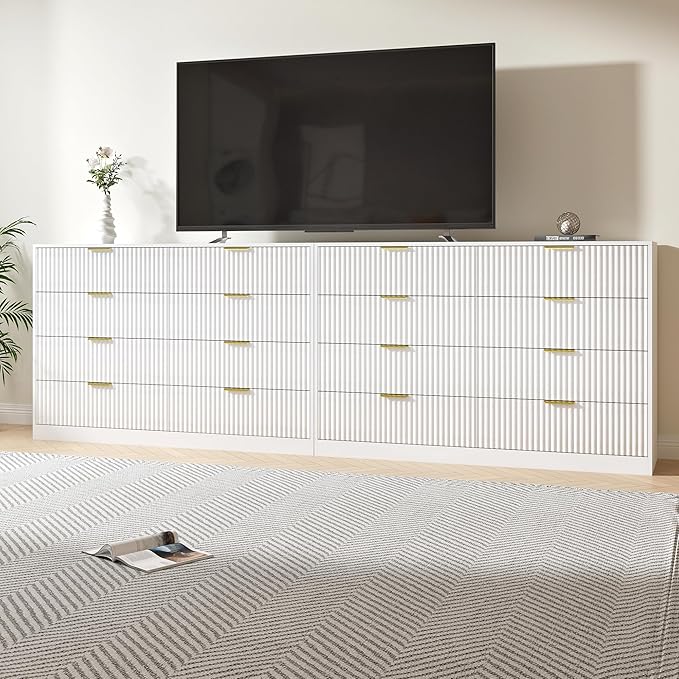 Dresser for Bedroom Set of 2, Fluted 16 Drawers White Dresser Wooden, Modern Bedroom Furniture Set, TV Stand Long Dressers & Chests of Drawers for Closet(15.7" D x 110.2" W x 36" H)