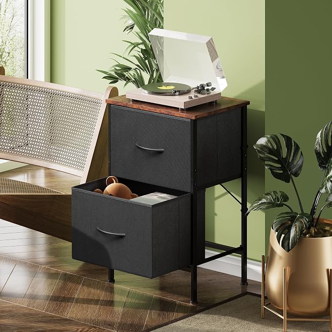 WLIVE Nightstand, Nightstand with 2 Drawers, Bedside Furniture, Night Stand, Small Dresser for Bedroom, College Dorm, End Table with Fabric Bins, Dormitory, Black and Rustic Brown - Image 8