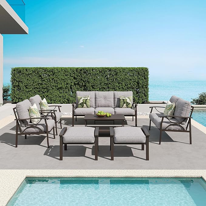 RoyalCraft Outdoor Patio Furniture Set, 7 Piece Patio Conversation Set with Coffee Table and Ottomans, Metal Furniture Set for Porch Backyard Garden, Grey