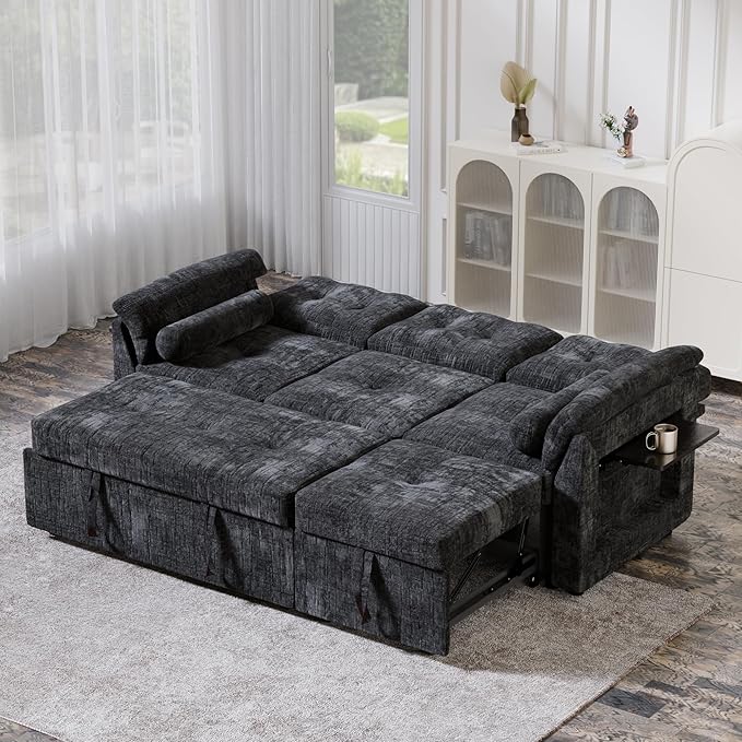 3 in 1 Convertible Sofa Bed, Chenille Pull Out Couch with Side Table, 3 Seat Pull Out Sofa Bed with Level Adjustable Backrest, Comfy Sleeper Sofas for Living Room, Apartment, Black