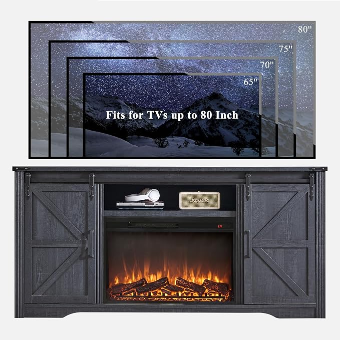 JXQTLINGMU Farmhouse Fireplace TV Stand for 80 Inch TV, 32" Tall Entertainment Center w/Drawer & Sliding Barn Door, 70 Inch Highboy Media Console for Living Room, Black - Image 7