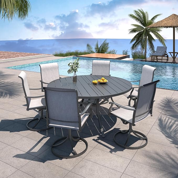 Anmutig 7-Piece Outdoor Dining Set, 58'' Round Table with 6 Swivel Chairs All Weather Furniture Set - Grey Style1 - Image 9