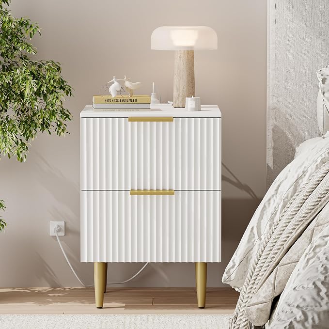 Akxomel White Nightstand Set of 2, Fluted Night Stand with Charging Station, 13.8" D x 15" W x 23.2" H, 2 Drawers Modern Bedside Table with USB Ports and Outlets, Golden Side Table for Bedroom - Image 9