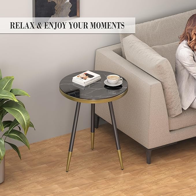 Round Coffee Table for Living Room, Bedroom, Balcony - 21.7" x 19.7" Space-Saving Black Marble-Textured Top, Sturdy Metal Frame with Black & Gold Finish | Premium Baked Paint, Easy Assembly
