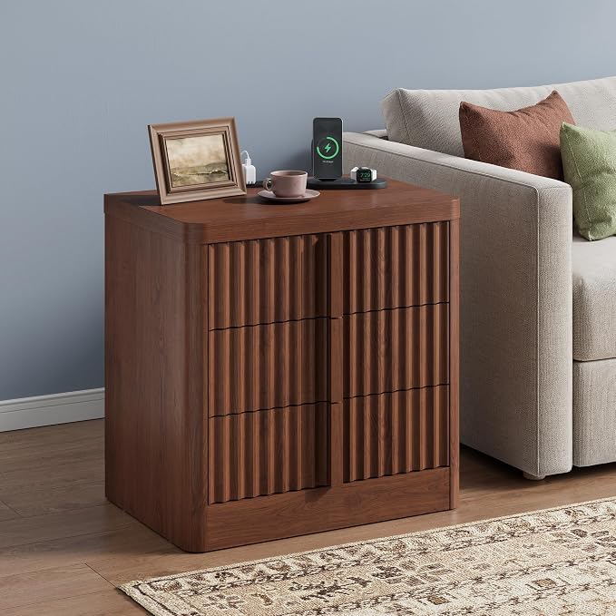 Fluted Night Stand with Charging Station, 23.6" Nightstand with Solid Wood Handle, 3 Drawer Dresser for Bedroom, Mid Century Modern Bedside Table End Table for Bedroom, Living Room, Walnut - Image 7