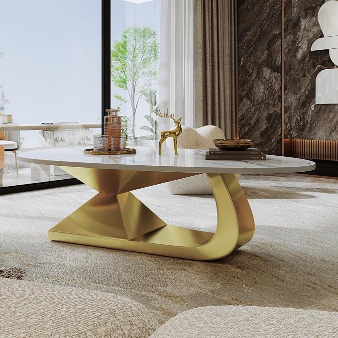 Glintee 51.2" Oval Coffee Table with Marble Top, Gold Stainless Steel Base, Scratch & Heat Resistant, Modern Living Room Centerpiece.