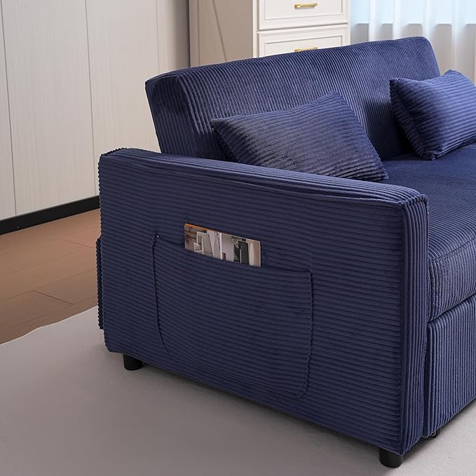 Ball & Cast 55" 3 in 1 Loveseat Futon Sofa-Bed,Convertible Pull Out Couch,Corduroy Upholstered Sleeper Sofa Bed with Adjustable Backrest,Side Pocket and 2 Pillows,Chaise Lounge for Living Room,Blue