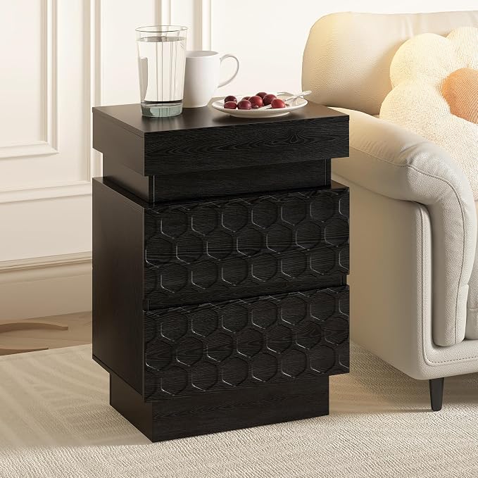 Led Nightstand with Charging Station, Hexagonal Fluted Night Stand with Sliding Top, Wooden Bedside Table with 3 Drawers, Modern Bed Side End Table for Bedroom, Living Room, Black - Image 8