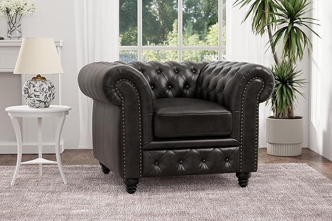 Valencia Parma Chesterfield Chair 45" | Premium Full-Aniline Leather | Mid-Century Accent Chair with Classic Button Tufted Back and Wood Legs for Living Room, Black