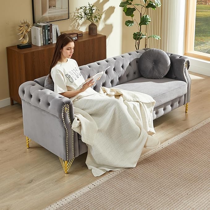 ERYE 82-Inch Button Tufted Sofa Couch with 2 Round Pillows, 3 Seat Velvet Tufted Sofa Spacious Chesterfield Loveseat Couches W/Nailhead Decor,Ring Accent & Golden Legs
