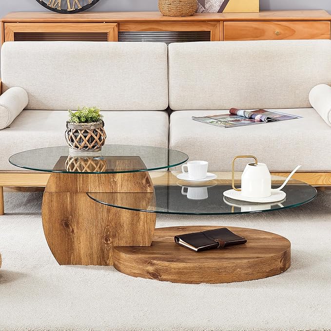 Ebullient Glass Coffee Table, 42" Round Coffee Table, 2-Tier Glass Tabletop with Dark Wood Base, Easy to Maintain and Assemble, Ideal for Dining Room, Living Room
