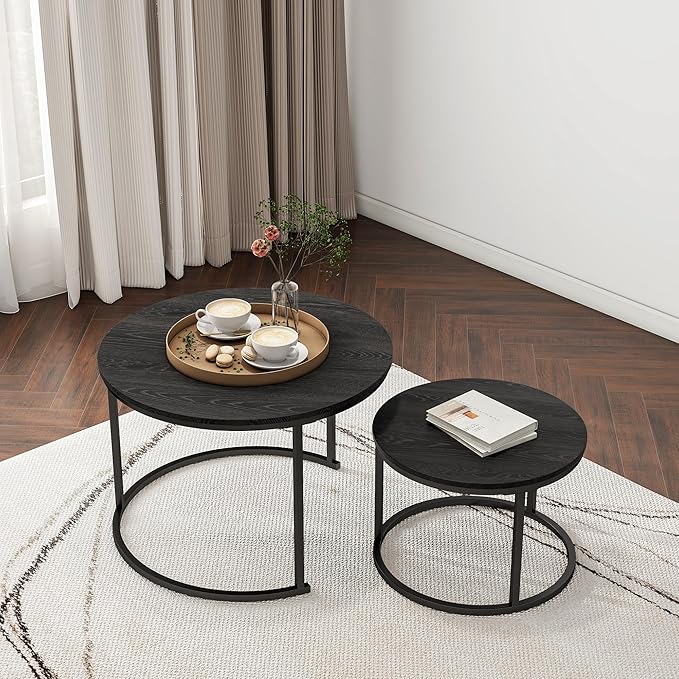HOJINLINERO Round Coffee Table,Nesting Coffee Table Set of 2,Center Tables for Living Room,Office, Home Small Space,Stacking Side Tables,Sturdy and Easy Assembly,Wood Desktop,Black,Large