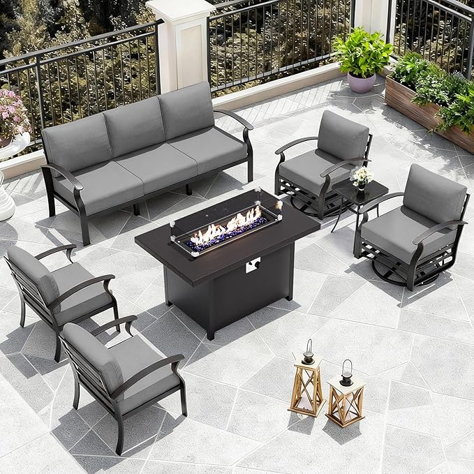 ALAULM Aluminum Patio Furniture Set with Propane Fire Pit Table Metal Outdoor Furniture w/Fire Pit Sectional w/5.1" Cushions and 7 Seats for Backyard, Poolside - Grey
