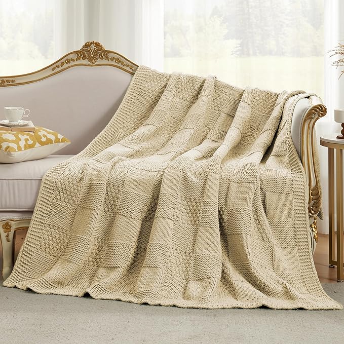 Amélie Home Knit Throw Blanket, Soft Chenille Cozy Breathable Checkered Chunky Decorative Blanket for Couch, Bed & Sofa, French-Inspired Lightweight Warm Gift for Women, Beige, 50"x60"