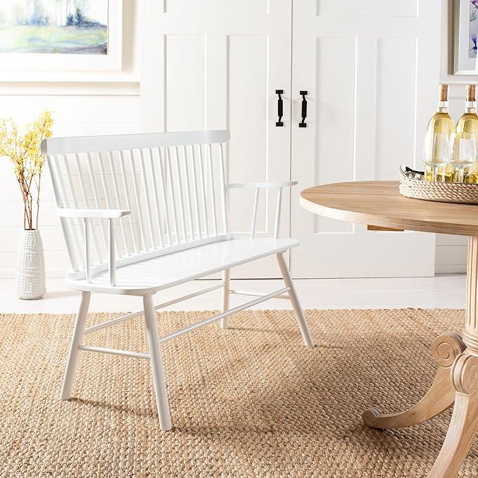 SAFAVIEH Home Collection – Addison White Solid Wood Spindle Back Loveseat Bench, Farmhouse Settee for Entryway Living Room or Dining Area (AMH8513B)