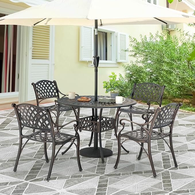 NUU GARDEN Outdoor 5-Piece Patio Dining Set, 4 Patio Chairs and 42'' Round Dining Table with 2.24" Umbrella Hole, Cast Aluminum Frame, for Patio, Deck, Garden, Backyard, Balcony, Antique Bronze - Image 9