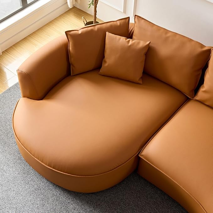 KEIKI 129" Curved Oversized Modular Bonded Leather Sectional Sofa with Left Chaise, 4 Pillows, 3 Back Cushion, Modern Comfy 5-Seater Couch, Easy Assembly, for Apartment, Living Room, Orange