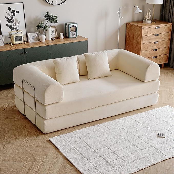 79'' Convertible Compressed Corduroy Folding Cloud Sofa Bed, 5 in 1 Modern Modular Boneless Pull Out Loveseat Sleeper in a Box, No Assembly Floor Mattress Futon Couch for Home, Beige, Pillows, King