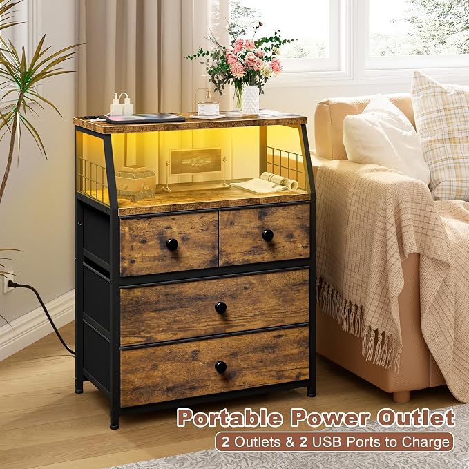 EnHomee Nightstands Set of 2, Bedside Table with Charging Station & LED Lights, End Table with 4 Fabric Drawers, Furniture for Bedroom, Dorm, Closet, Entryway, Wood Top, Rustic Brown | Night Stand, LED Lights, for Bedroom, with Outlets, 2 USB Ports - Image 7