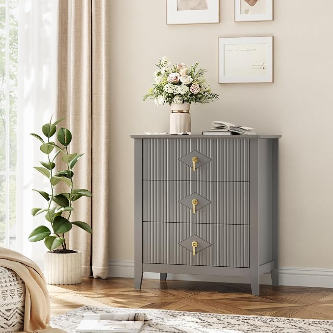 GarveeHome Wood Nightstand Fluted Dresser for Bedroom, 27.5" Wide 3-Drawer Bedside Tables, Modern Chest of Drawers, Storage End Table Living Room, Hallway, Entryway, Grey - Image 8
