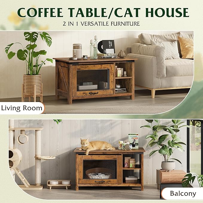 WLIVE Coffee Table with Storage, Modern Coffee Table with Flip-up Door, 2-in-1 Center Table Cat House Furniture for Living Room, Home, Rustic Brown